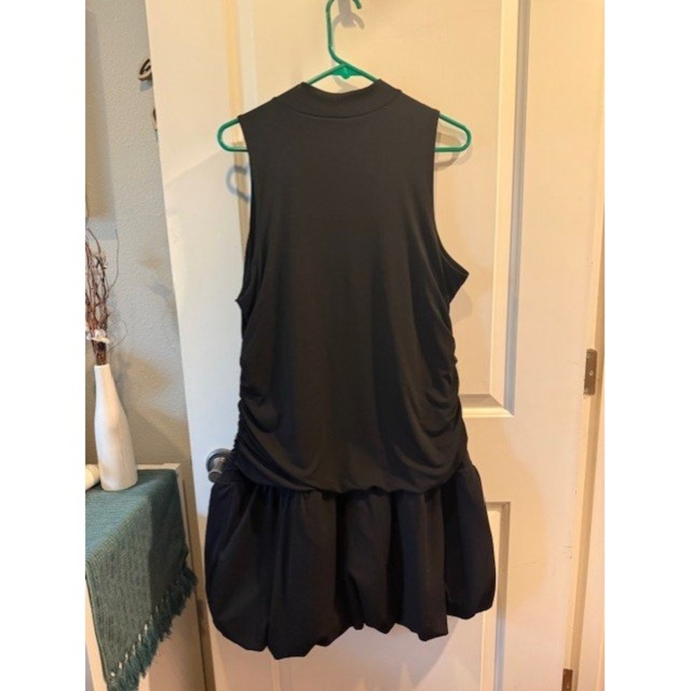 Women Black Mock‎ Neck Ruched Bubble Hem Mini Dress Sleeveless Drop Waist - Picture 5 of 5